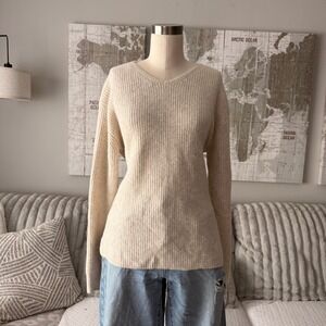 Uniqlo Womens Ribbed V-Neck Wool‎ Blend Sweater Cream Oatmeal 251-428869 Size M